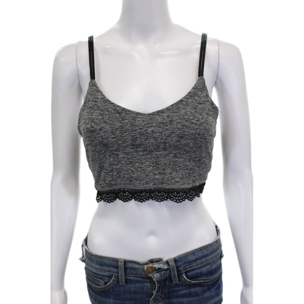 Beyond Yoga Womens Spaghetti Strap Scoop Neck Lace Trim Sports Bra Gray Small